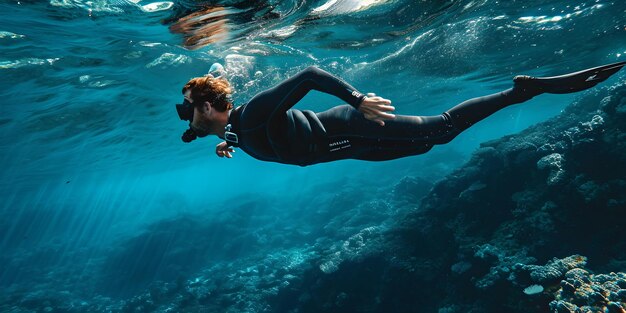 Underwater adventure female freediver exploring the ocean depths capturing the serenity of the sea serene aquatic scene AI