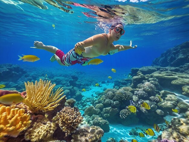 Underwater adventure swimming below multi colored reef exploring aquatic beauty