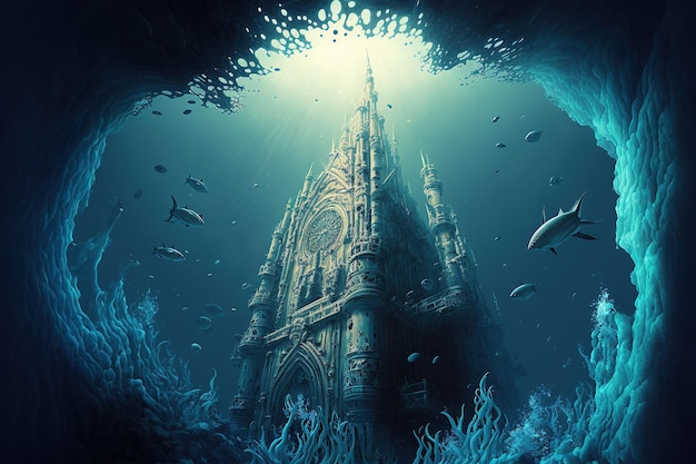 Underwater ancient city in the depths of the ocean. Atlantis lost world. AI