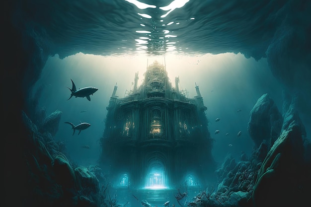 Underwater ancient city in the depths of the ocean. Atlantis lost world. AI