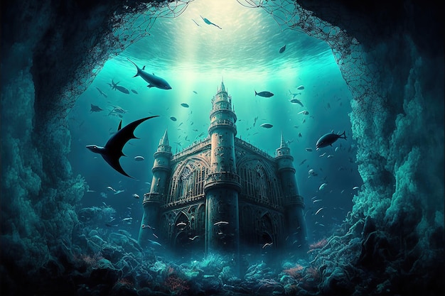 Underwater ancient city in the depths of the ocean. Atlantis lost world. AI