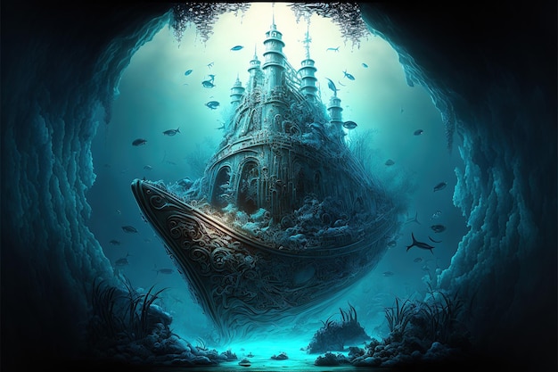 Underwater ancient city in the depths of the ocean. Atlantis lost world. AI