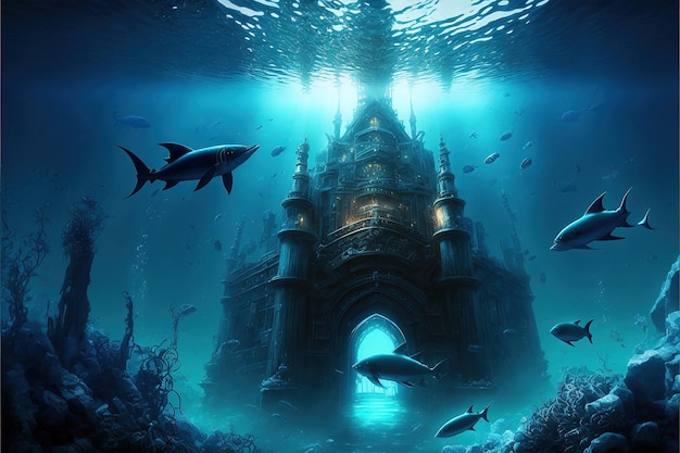 Underwater ancient city in the depths of the ocean. Atlantis lost world. AI