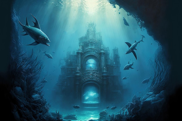 Underwater ancient city in the depths of the ocean Atlantis lost world ancient architecture. AI