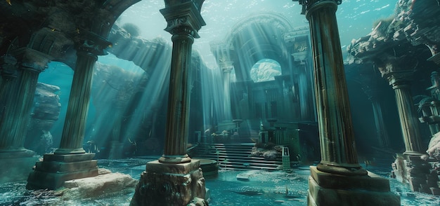 Photo underwater ancient ruins with sunbeams and aquatic life in a mystical submerged temple