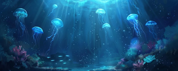 Underwater background with mysterious dark ocean depths and glowing jellyfish