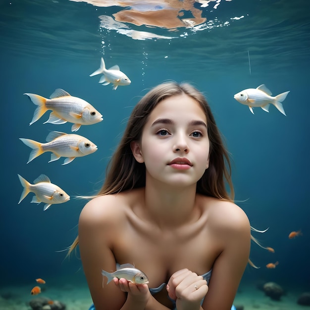 Underwater Ballet Girl Swimming Among Fish