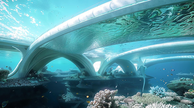 Photo underwater bridge design with arches and coral reef