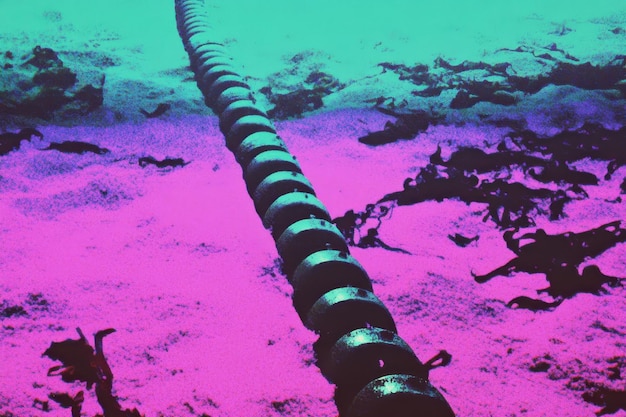 Photo underwater cable among corals with vibrant purple and teal hues