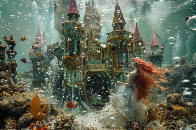 Photo underwater castle made of bubbles mermaid friends treasure hunts aquatic fantasy