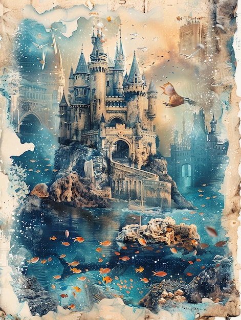 Underwater Castle with fishes nautical paper vintage page