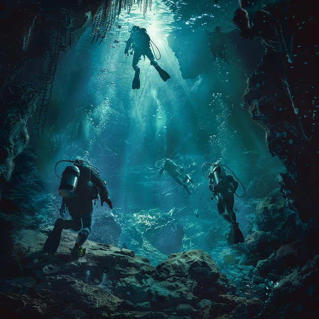 Underwater cave exploration with divers