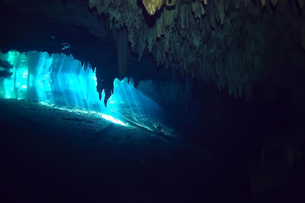 underwater cave stalactites landscape, cave diving, yucatan mexico, view in cenote under water