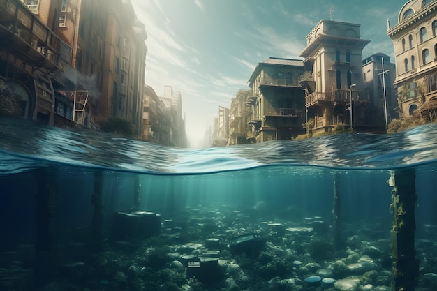 Underwater city in the context of the ocean Global warming 3d illustration Generative Ai