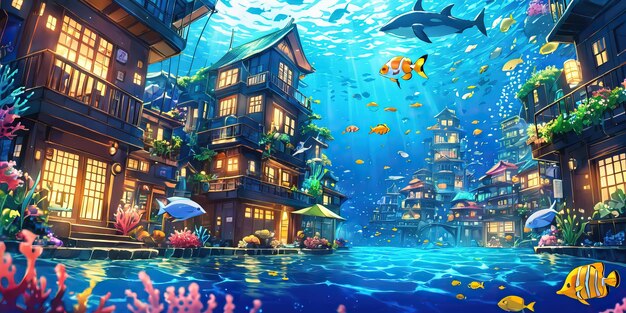 Underwater City with Colorful Fish and Coral Reefs in anime art