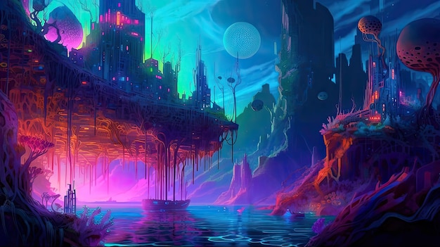 An underwater cityscape filled with bioluminescent creatures Fantasy panoramic shot deep in the ocean mysterious atmosphere Digital Illustration with vibrant and glowing colors Generative AI