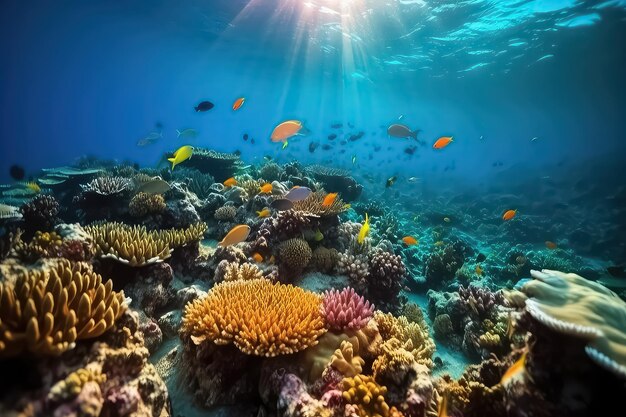 Underwater coral reef landscape background in the deep blue Maldives ocean AI