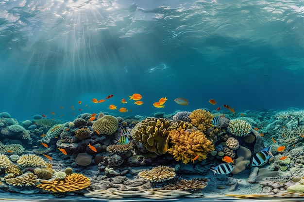 Underwater Coral Reef Panorama with Tropical Fish