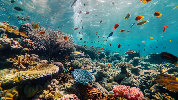 An underwater coral reef teeming with colorful marine life underscoring the importance of protecting fragile ecosystems and marine biodiversity