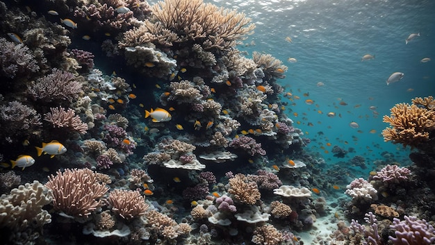 Underwater coral reefs are diverse ecosystems formed by coral polyps teeming with marine life