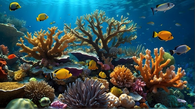 Underwater coral reefs with tropical colorful fishes