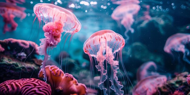 Underwater Dance of Pink Jellyfish in Ocean Depth