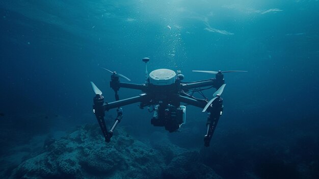 Photo underwater deep sea drone recording unknown depths and marine creatures