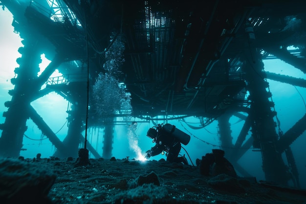 Underwater Diver Welding Beneath Offshore Oil Rig During Daytime