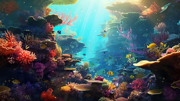 Underwater Diving Tropical Scene With Sea Life