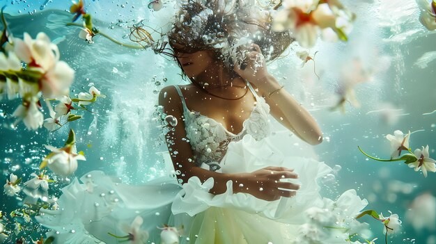 Photo underwater dream woman in white dress with flowers