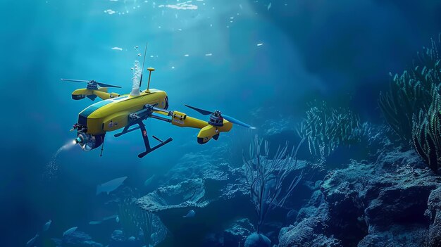 Underwater drone exploring the ocean floor with coral reef