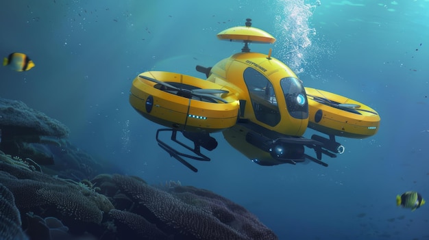 Underwater drone with propellers exploring coral reef