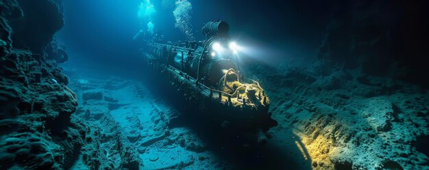 Photo underwater exploration of a sunken shipwreck illuminated by submarine lights in deep ocean