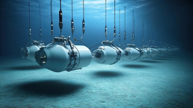 Photo underwater exploration vehicles suspended in the ocean depths with gentle light illuminating their surfaces