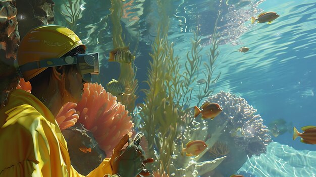 Photo underwater exploration with a yellow suit and vr goggles