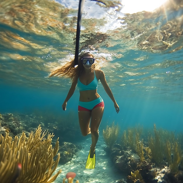 Photo underwater exploration woman in scuba gear exploring a coral reef