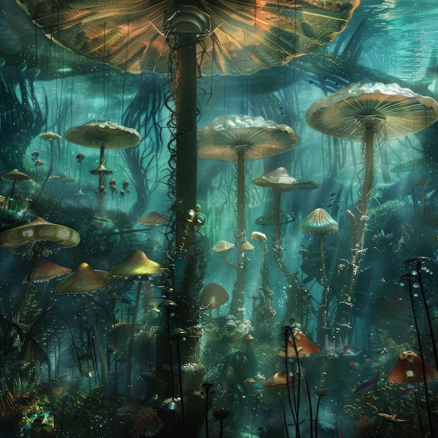 Photo underwater fantasy forest with glowing mushrooms