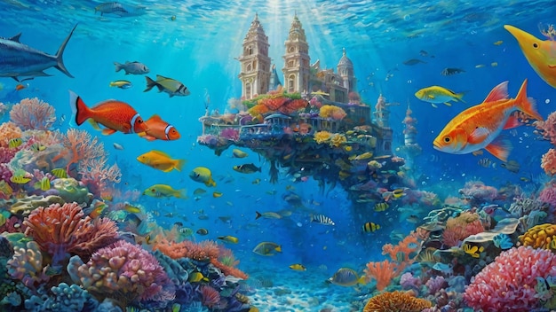 Underwater fantasy scene with floating castle