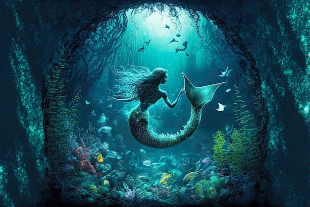 Underwater fantasy world beautiful mermaid with tail in ocean