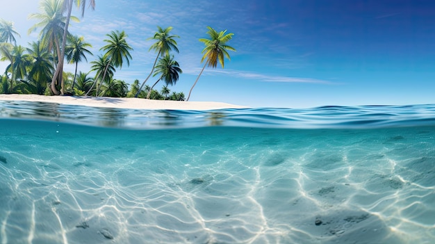 underwater fish eye split photo view of a half calm beach with land palm trees and clear water