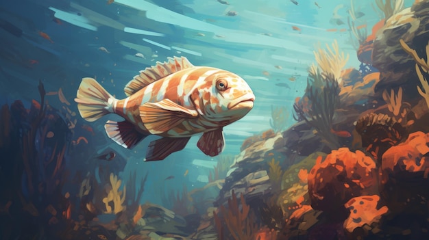 Underwater Fish Painting Digital Art With Warm Color Palette