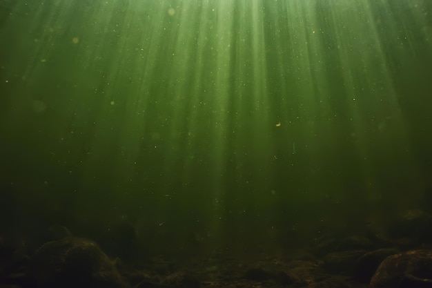 underwater fresh water green background with sun rays under, water