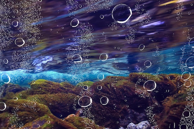 underwater fresh water landscape, mountain lake ecosystem background in summer, under water view