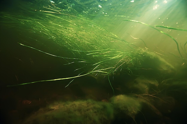 Photo underwater freshwater green landscape / underwater landscape of the lake ecosystem, algae, green water, fresh water