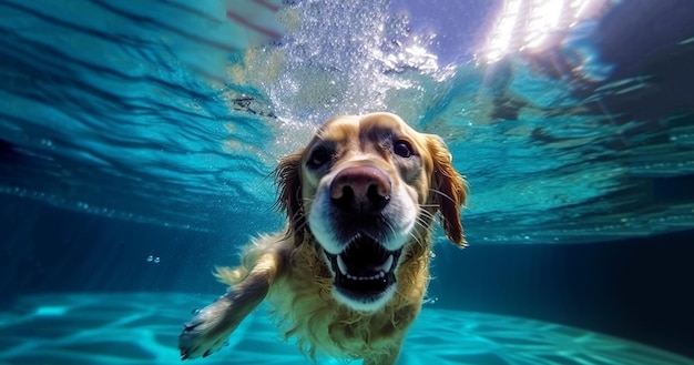 Underwater funny photo of happy dog swimming in public pool play with fun jumping diving deep down