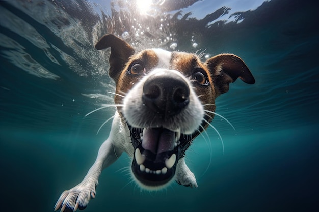 Underwater funny photo of jack russel terrier Summer vacation with pet Generative AI illustration