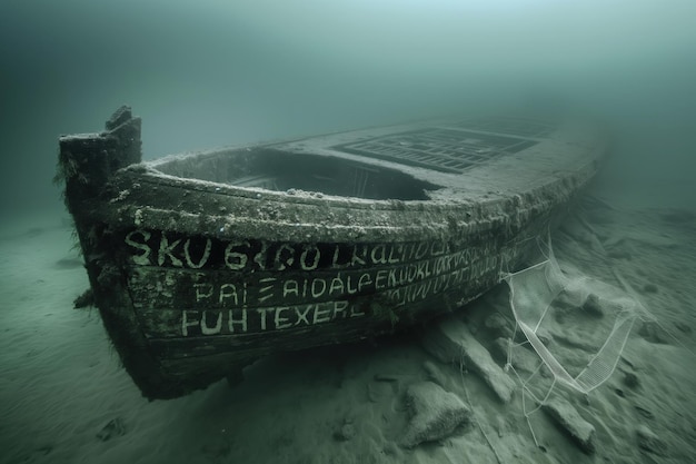 Photo underwater ghost ship barnacleencrusted text on hull