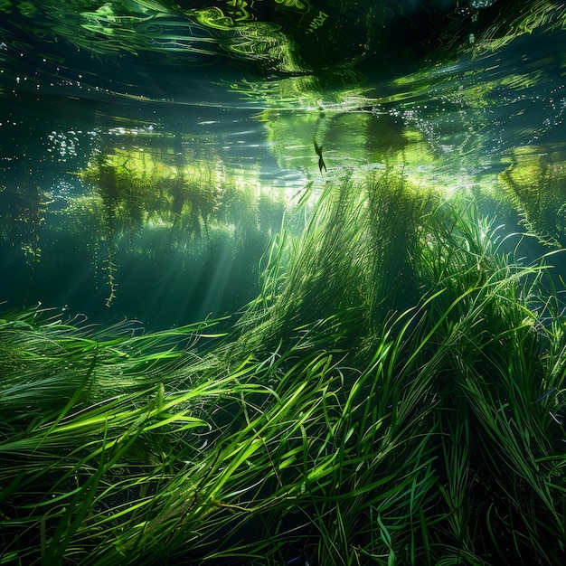 Photo underwater grass long seaweed in dark river water overgrown stream with algae grass waving in water