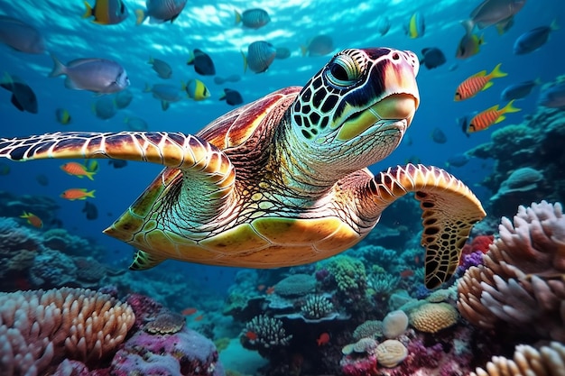 Underwater Harmony Turtle with Group of Colorful Fish and Sea Animals in Artistic Style