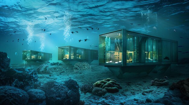 Photo underwater houses with large windows offering views of marine life